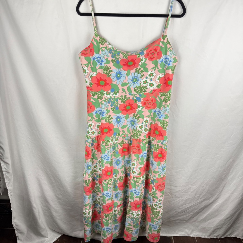 Smith & Quinn Pink Blue Floral Tiered Sleeveless Maxi Dress Large Retro Boho